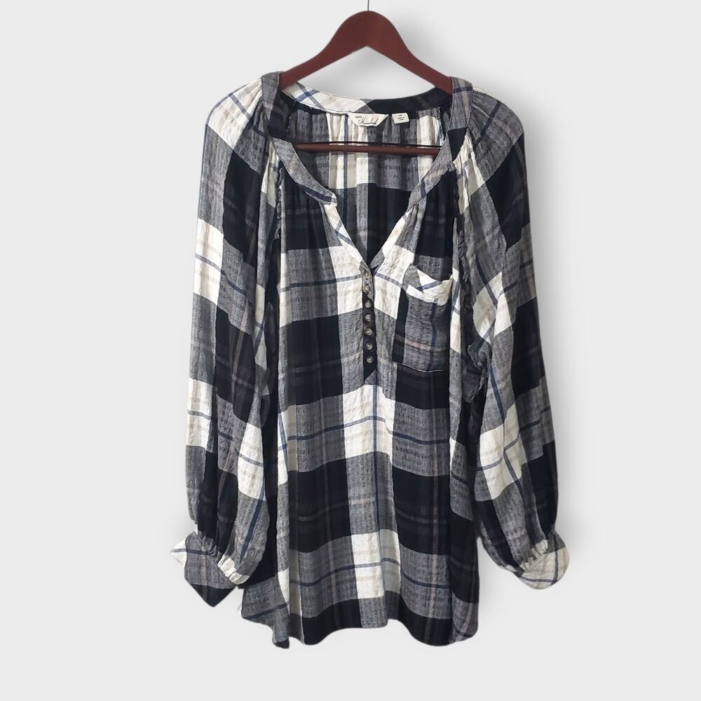 Caffe Marrakesh 3X Plaid Popover Tunic Top‎ Crinkle Texture Pocket Stretch